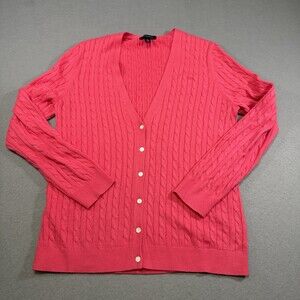 Lands End Cardigan Womens Large Pink Cable Knit V-Neck Button Front Sweater Long